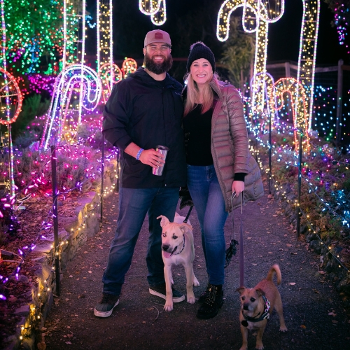 two guests strolling through candy cane lane with their two pups